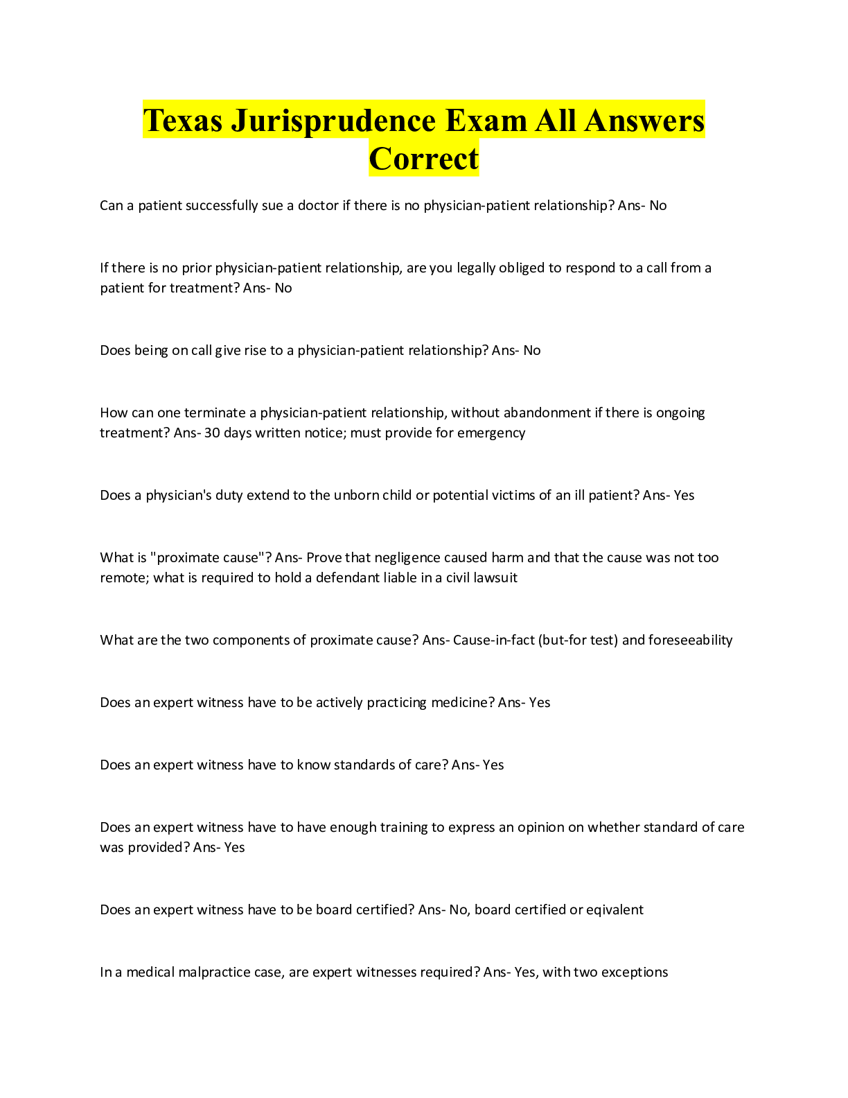 Preview image for Texas Jurisprudence Exam All Answers  Correct